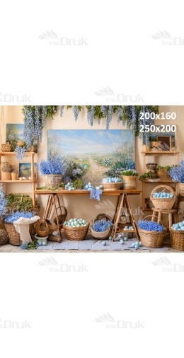 Tło fotograficzne „Niebieskie wiosenne atelier z malarską sceną i koszami pisanek” | E618